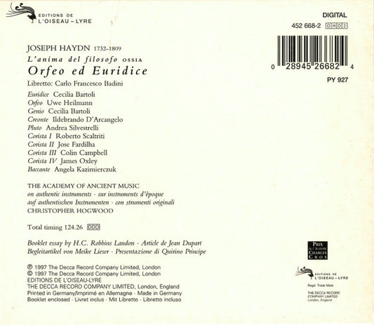 Joseph Haydn • Cecilia Bartoli • Uwe Heilmann • Ildebrando D'Arcangelo • The Academy Of Ancient Music And The Academy Of Ancient Music Chorus, Christopher Hogwood - L'amima Del Filosofo Ossia Orfeo Ed Euridice vinyl record, 2xCD (Near Mint (NM or M-)) | Lulo Records