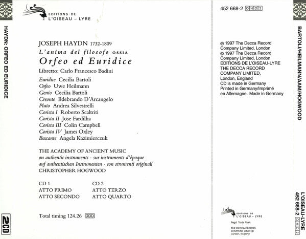 Joseph Haydn • Cecilia Bartoli • Uwe Heilmann • Ildebrando D'Arcangelo • The Academy Of Ancient Music And The Academy Of Ancient Music Chorus, Christopher Hogwood : L'amima Del Filosofo Ossia Orfeo Ed Euridice (2xCD, Album + Box)