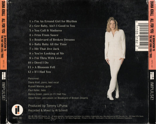 Diana Krall - All For You (A Dedication To The Nat King Cole Trio) vinyl record, CD (Mint (M)) | Lulo Records