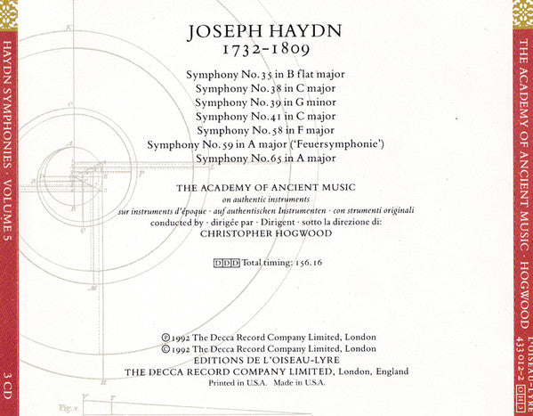 Joseph Haydn - The Academy Of Ancient Music, Christopher Hogwood : Symphonies C. 1765-68 / 35 38 39 41 58 59 65 / Volume 5 (3xCD, Album + Box, Sli)