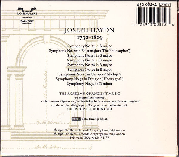 Joseph Haydn - The Academy Of Ancient Music, Christopher Hogwood : Symphonies 1764-65 / 21 22 23 24 28 29 30 31 34 / Volume 4 (3xCD, Album + Box, Sli)