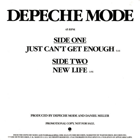 Depeche Mode : Just Can't Get Enough / New Life (12", Promo)