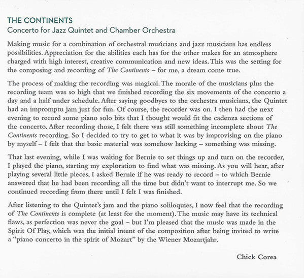 Chick Corea : The Continents, Concerto For Jazz Quintet & Chamber Orchestra (2xCD, Album)