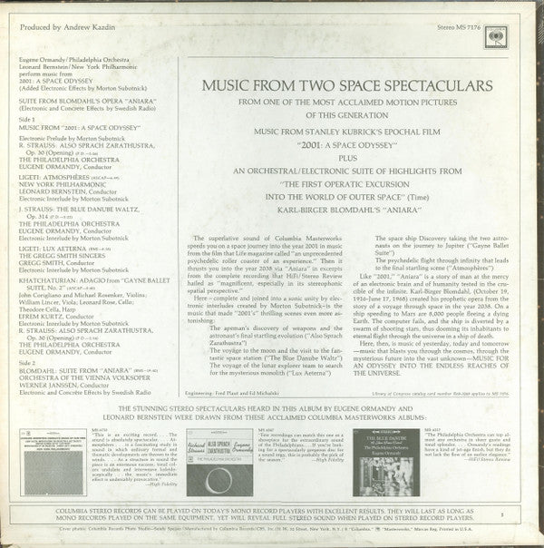 Eugene Ormandy, The Philadelphia Orchestra / Leonard Bernstein, New York Philharmonic, Werner Janssen, Wiener Volksopernorchester : Selections From "2001: A Space Odyssey" / Suite From "Aniara" (LP, Album, Comp, San)