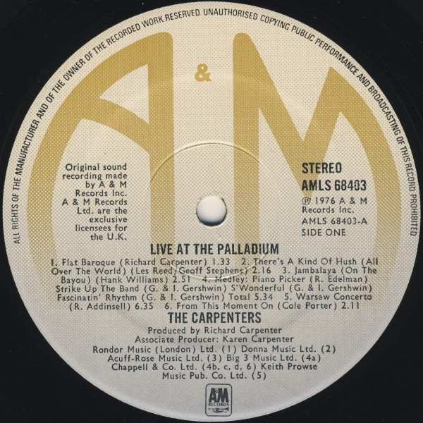 Carpenters : Live At The Palladium (LP, Album)
