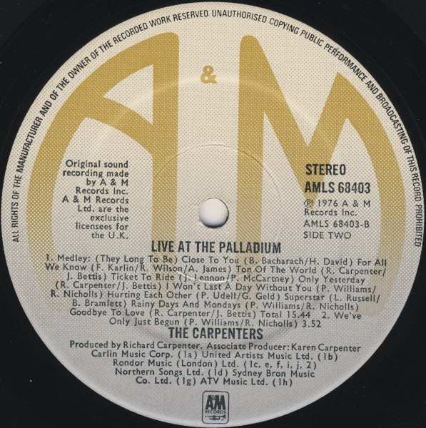 Carpenters : Live At The Palladium (LP, Album)
