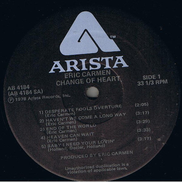 Eric Carmen : Change Of Heart (LP, Album, Hub)