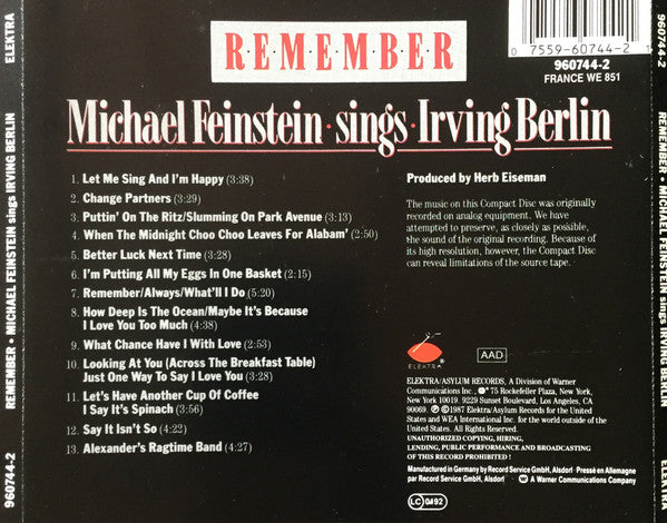 Michael Feinstein : Remember: Michael Feinstein Sings Irving Berlin (CD, Album)