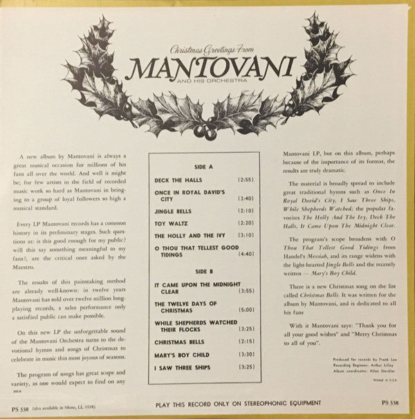 Mantovani And His Orchestra : Christmas Greetings From Mantovani And His Orchestra (LP)
