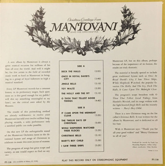 Mantovani And His Orchestra - Christmas Greetings From Mantovani And His Orchestra vinyl record, LP (Very Good Plus (VG+)) | Lulo Records