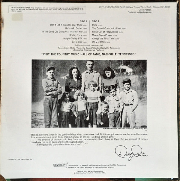 Dolly Parton : In The Good Old Days (When Times Were Bad) (LP, Album, Ind)