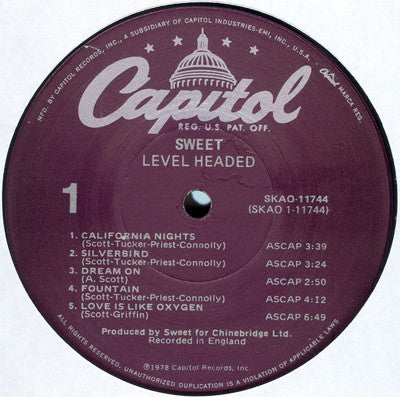Sweet* : Level Headed (LP, Album, Jac)