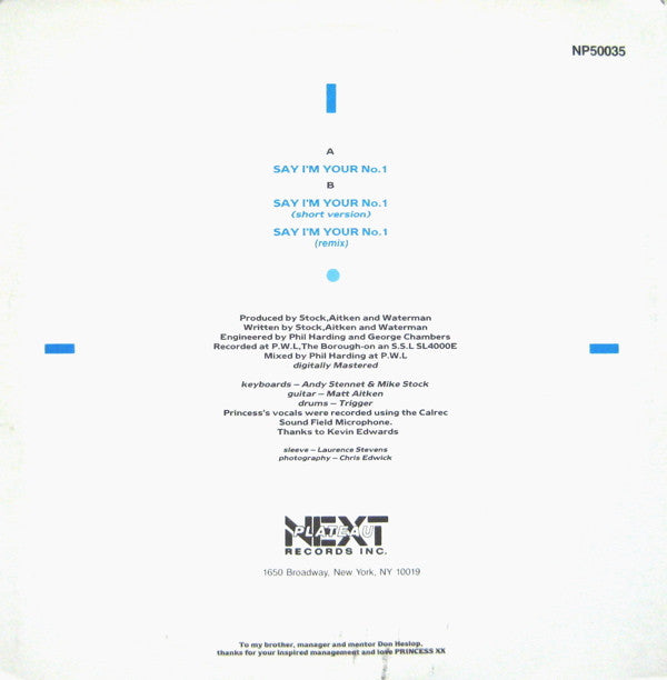 Princess : Say I'm Your No. 1 (12", Pic)