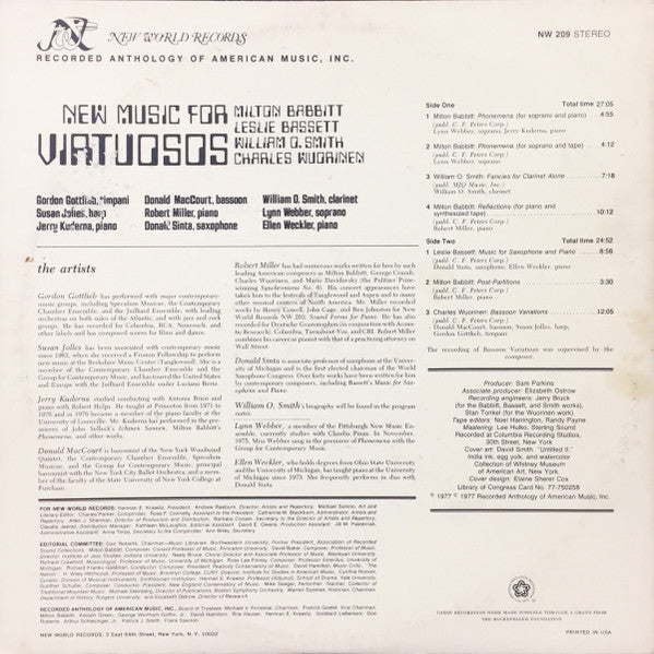Milton Babbitt / Leslie Bassett / William O. Smith / Charles Wuorinen : New Music For Virtuosos (LP, Album)