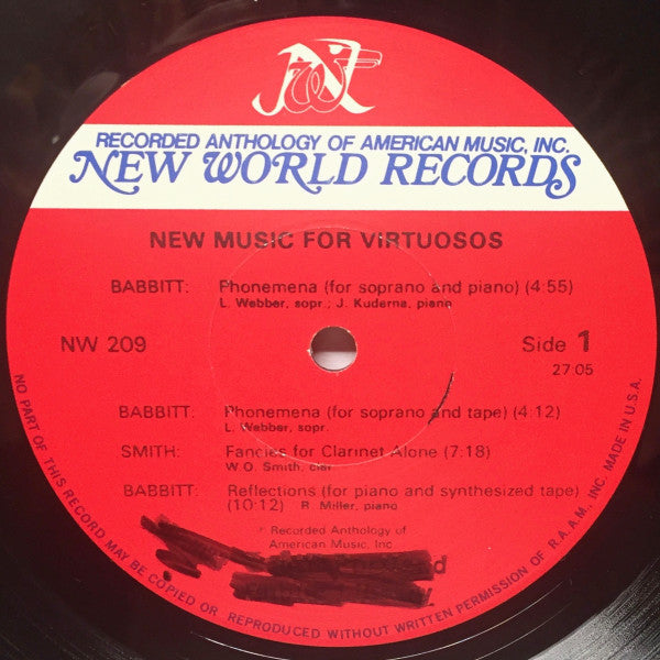 Milton Babbitt / Leslie Bassett / William O. Smith / Charles Wuorinen : New Music For Virtuosos (LP, Album)