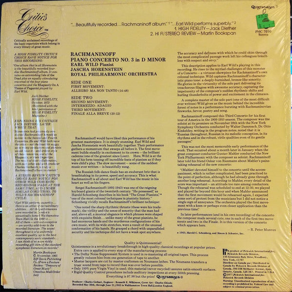 Sergei Vasilyevich Rachmaninoff : Earl Wild, Jascha Horenstein, Royal Philharmonic Orchestra : Piano Concerto No. 3 In D Minor, Op. 30 (LP, Album)