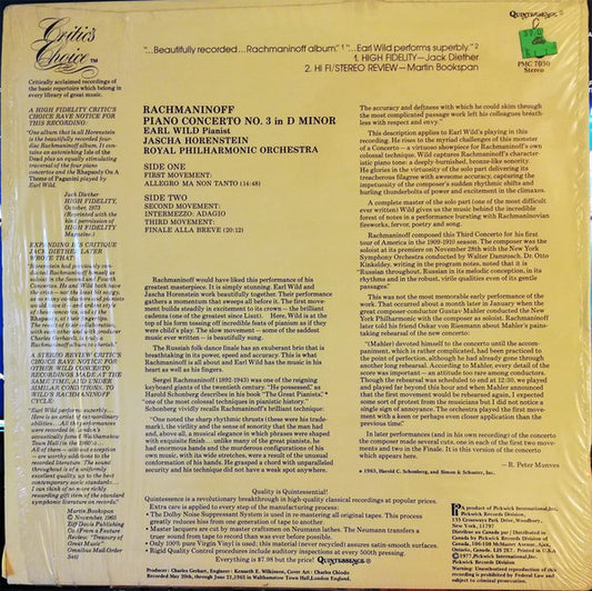 Sergei Vasilyevich Rachmaninoff : Earl Wild, Jascha Horenstein, Royal Philharmonic Orchestra - Piano Concerto No. 3 In D Minor, Op. 30 vinyl record, LP (Near Mint (NM or M-)) | Lulo Records