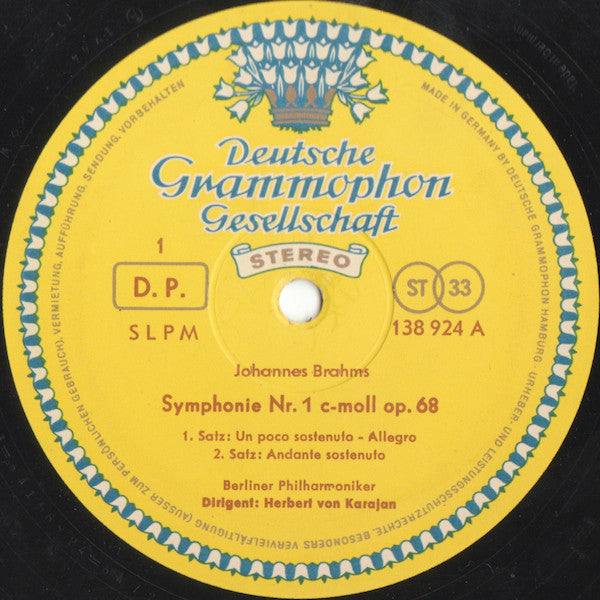 Johannes Brahms, Herbert von Karajan, Berliner Philharmoniker : Symphonie Nr. 1 C-Moll Op. 68 (LP, RE)