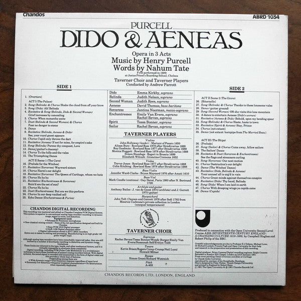 Henry Purcell - Emma Kirkby • Judith Nelson • David Thomas (9), Taverner Choir • Taverner Players, Andrew Parrott : Dido & Aeneas (LP)