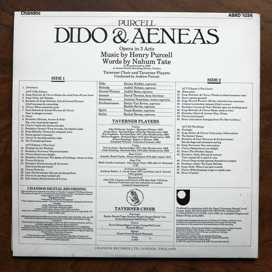 Henry Purcell - Emma Kirkby • Judith Nelson • David Thomas , Taverner Choir • Taverner Players, Andrew Parrott - Dido & Aeneas vinyl record, LP (Near Mint (NM or M-)) | Lulo Records