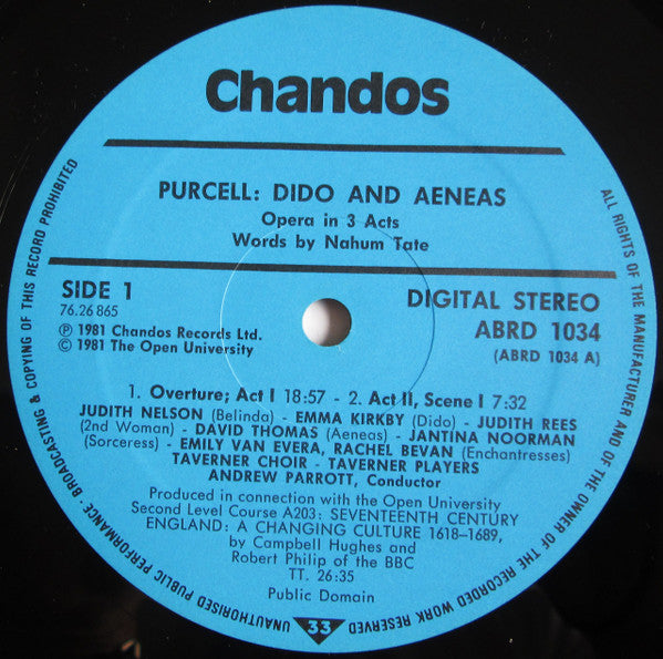 Henry Purcell - Emma Kirkby • Judith Nelson • David Thomas (9), Taverner Choir • Taverner Players, Andrew Parrott : Dido & Aeneas (LP)