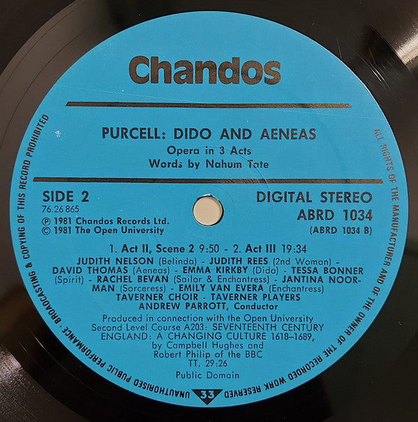 Henry Purcell - Emma Kirkby • Judith Nelson • David Thomas (9), Taverner Choir • Taverner Players, Andrew Parrott : Dido & Aeneas (LP)