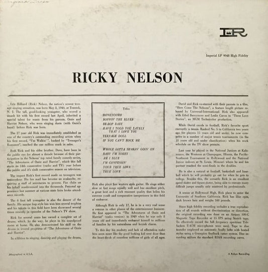 Ricky Nelson - Ricky vinyl record, LP (Near Mint (NM or M-)) | Lulo Records