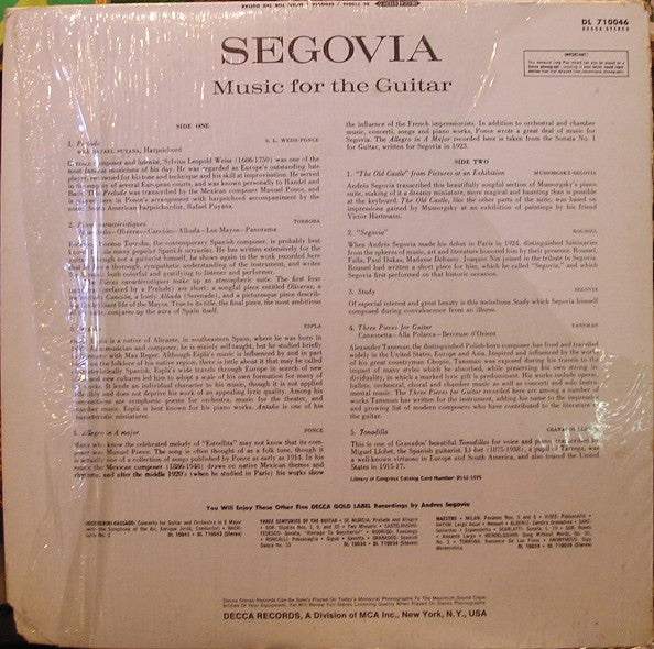 Andrés Segovia : Music For The Guitar (LP, Album, RP)