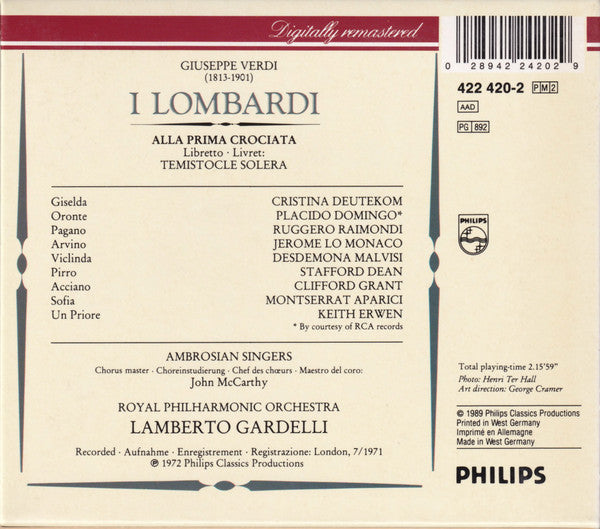 Giuseppe Verdi - Cristina Deutekom, Placido Domingo, Ruggero Raimondi, The Ambrosian Singers, Royal Philharmonic Orchestra, Lamberto Gardelli : I Lombardi (2xCD, Album, RE, RM + Box, Sli)
