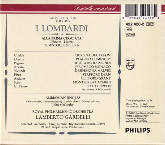 Giuseppe Verdi - Cristina Deutekom, Placido Domingo, Ruggero Raimondi, The Ambrosian Singers, Royal Philharmonic Orchestra, Lamberto Gardelli - I Lombardi vinyl record, 2xCD (Near Mint (NM or M-)) | Lulo Records