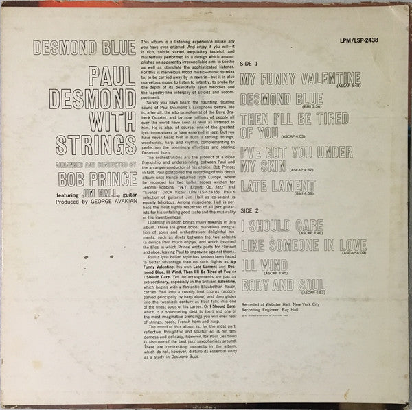 Paul Desmond With Strings : Desmond Blue (LP, Album, Mono)