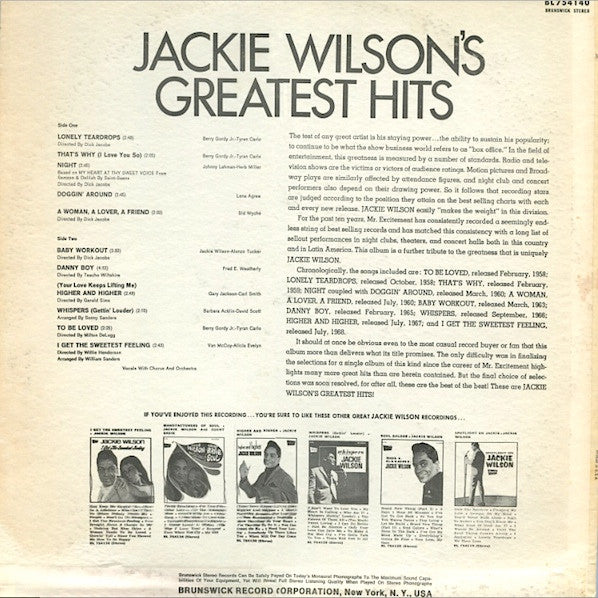 Jackie Wilson : Jackie Wilson's Greatest Hits (LP, Album, Comp, Glo)