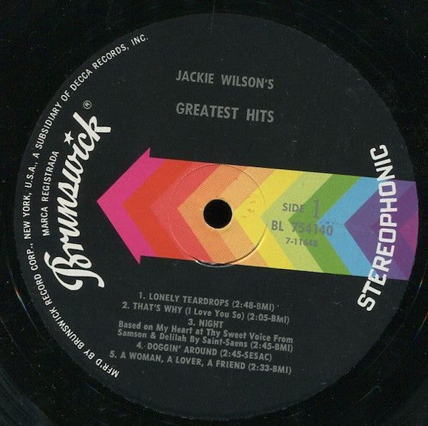 Jackie Wilson : Jackie Wilson's Greatest Hits (LP, Album, Comp, Glo)