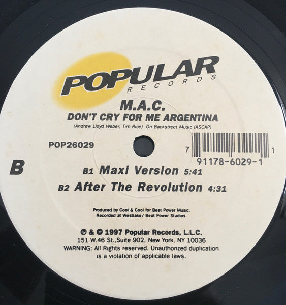 M.A.C. : Don't Cry For Me Argentina (12")