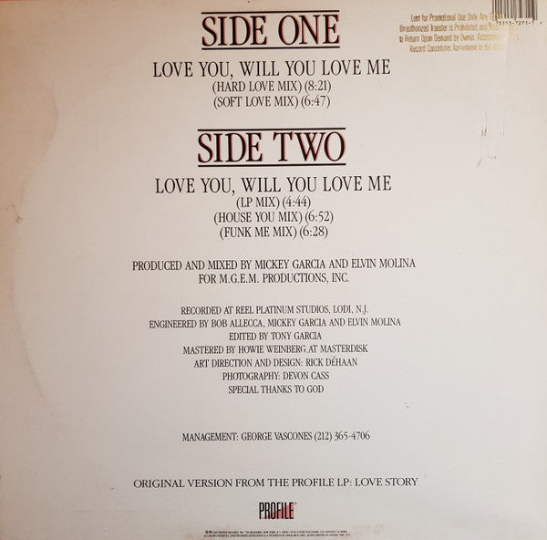 Judy Torres : Love You, Will You Love Me (12", Single, Promo)