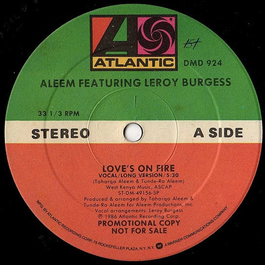 Aleem Featuring Leroy Burgess : Love's On Fire (12", Maxi, Promo)
