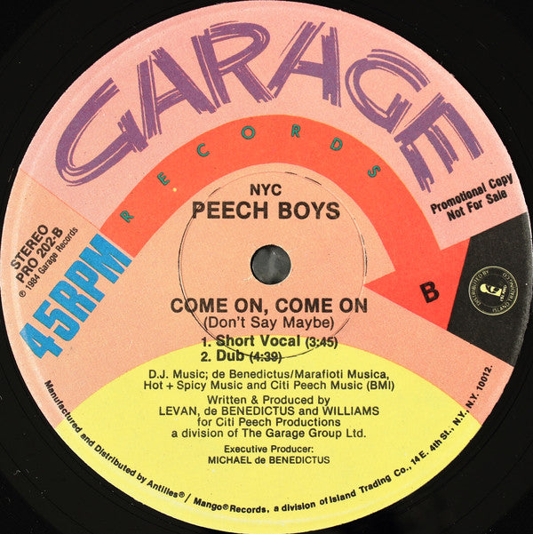 Peech Boys : Come On, Come On (Don't Say Maybe) (12", Promo)