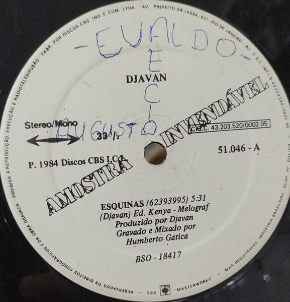 Djavan : Esquinas (12", Promo, Mix)