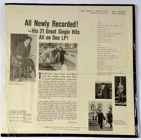 Paul Anka : Paul Anka's 21 Golden Hits (LP, Comp, RE)