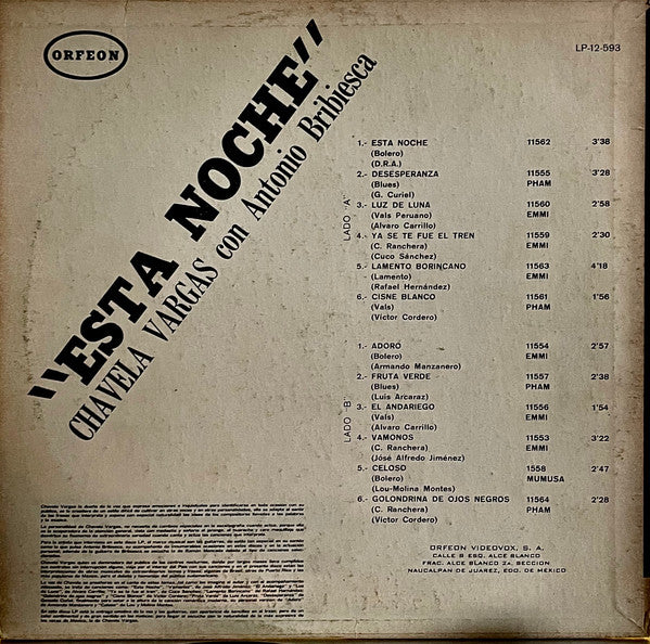 Chavela Vargas, Antonio Bribiesca : Esta Noche  (LP, Album, Mono)