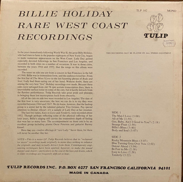 Billie Holiday : Rare West Coast Recordings (LP, Comp, Mono)