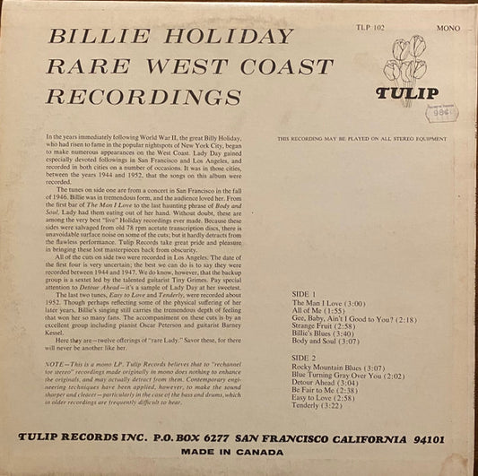 Billie Holiday - Rare West Coast Recordings vinyl record, LP (Very Good (VG)) | Lulo Records