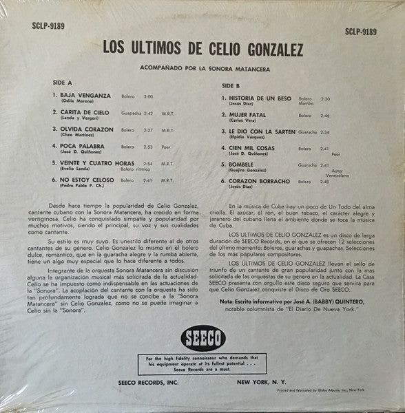 Celio González Con La Sonora Matancera : Los Ultimos De Celio Gonzalez (LP, Album, RP)