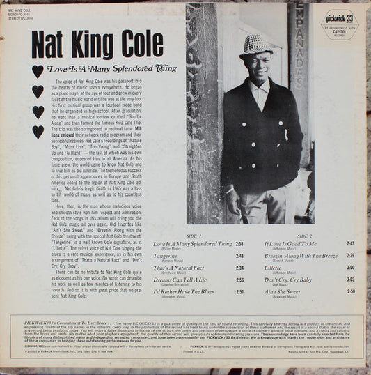 Nat King Cole - Love Is A Many Splendored Thing vinyl record, LP (Very Good Plus (VG+)) | Lulo Records