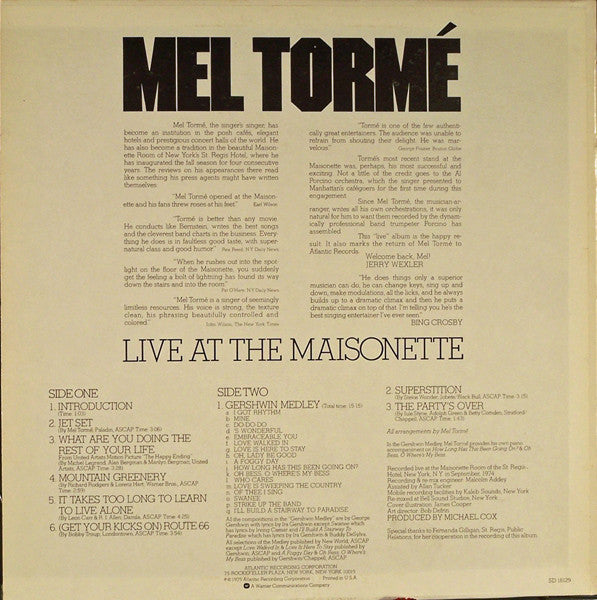 Mel Tormé Featuring Al Porcino Big Band : Live At The Maisonette (LP, Album, Spe)