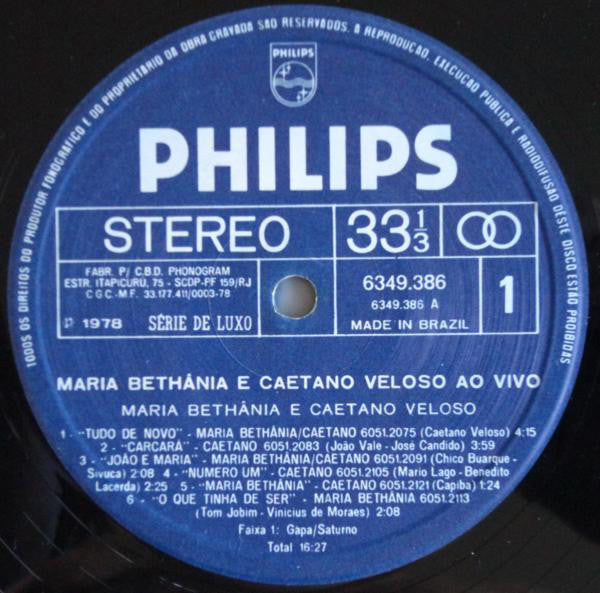 Maria Bethânia E Caetano Veloso : Ao Vivo (LP, Album, Gat)