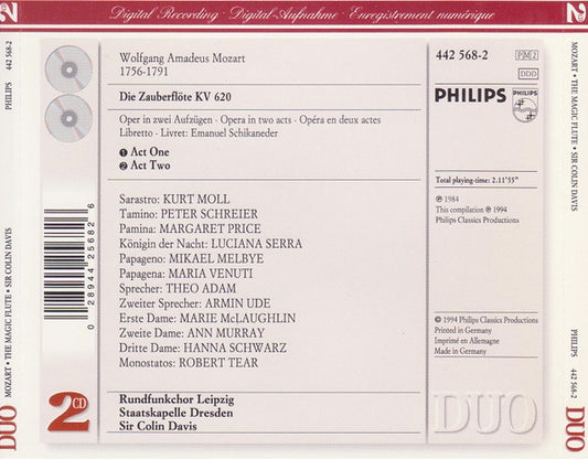 Wolfgang Amadeus Mozart - Margaret Price, Luciana Serra, Peter Schreier, Kurt Moll, Mikael Melbye, Theo Adam, Rundfunkchor Leipzig, Staatskapelle Dresden, Sir Colin Davis - The Magic Flute vinyl record, 2xCD (Near Mint (NM or M-)) | Lulo Records
