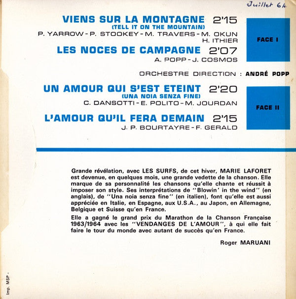 Marie Laforêt : Viens Sur La Montagne (7", EP, Gat)