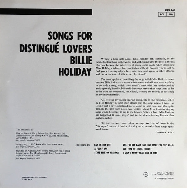 Billie Holiday : Songs For Distingué Lovers (LP, Album, RE)