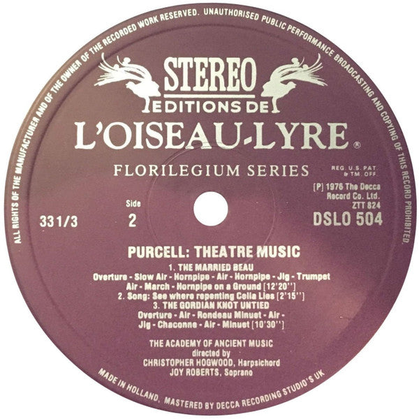 Henry Purcell - The Academy Of Ancient Music : Theatre Music Vol I (Abdelazer • Distressed Innocence • The Married Beau • The Gordian Knot Untied) (LP, Album)